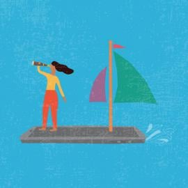 girl standing on a boat holding binoculars