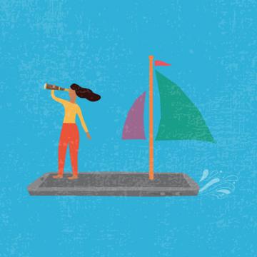 girl standing on a boat holding binoculars
