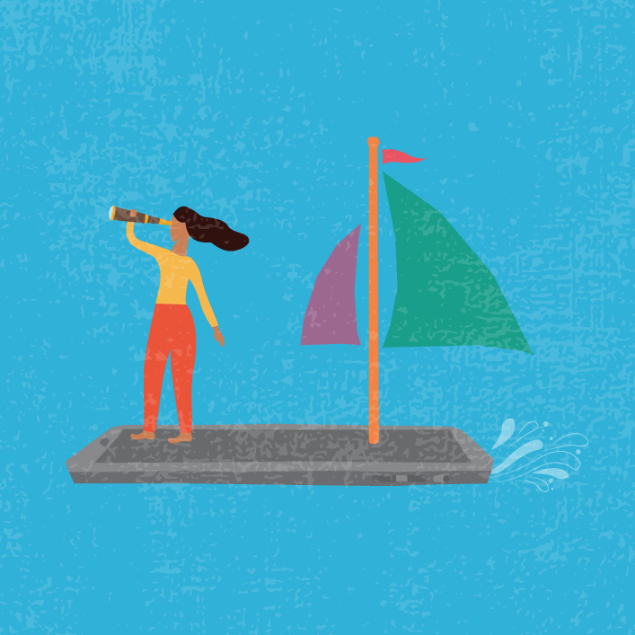 girl standing on a boat holding binoculars